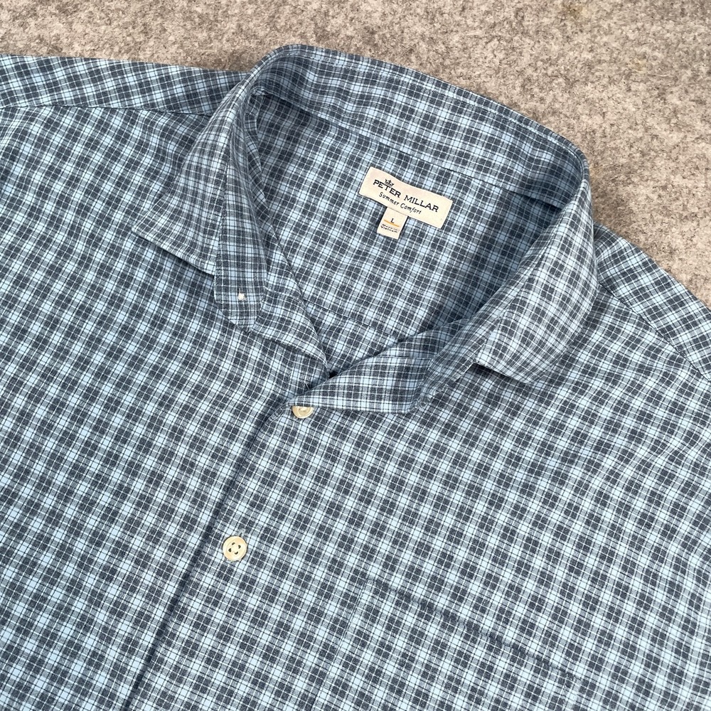 Peter Millar Mens Button Up Shirt Large Blue Plaid Summer Comfort Long Sleeve